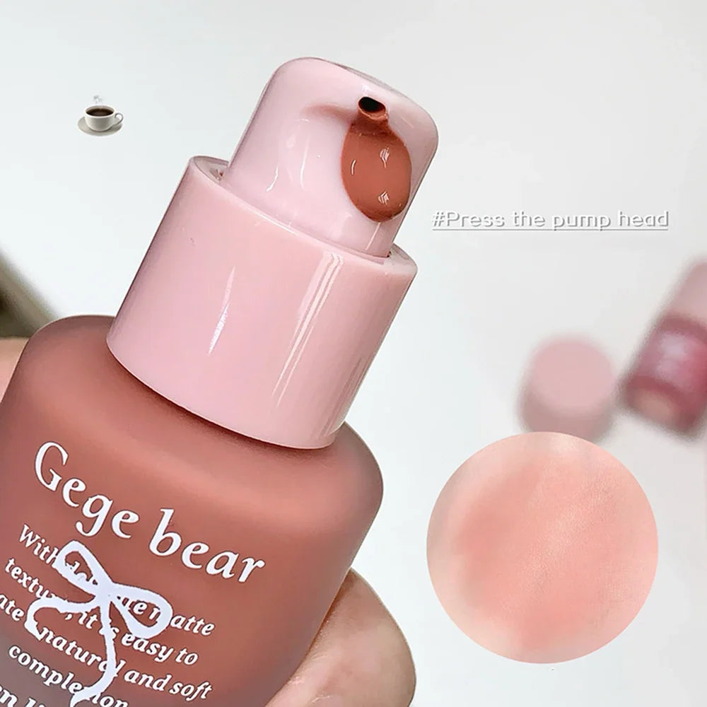 Blushimmer Gege Bear Light Blush liquid blush in natural rouge, featuring moisturizing and brightening properties, shown in the image.