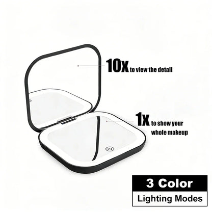 Blushimmer compact LED mirror with lights, folding design, 1X/2X magnification, portable travel makeup mirror for purse use