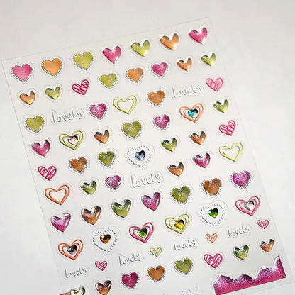 Colorful Cat's Eye 5D gradient European love heart gem nail art stickers with crystal geometric design by Blushimmer, self-adhesive manicure decals.