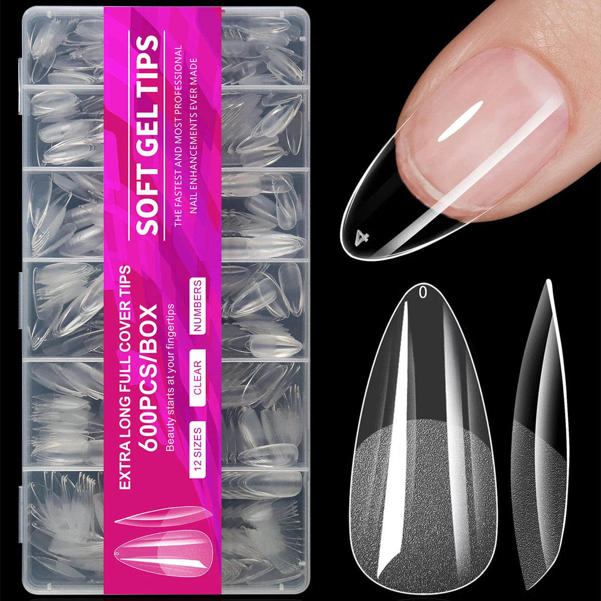 Set of 600 Blushimmer short almond gel nail tips for full cover false nails, ideal for acrylic and press-on manicures at home or salon