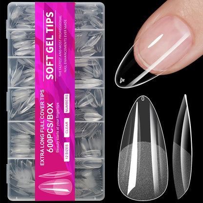 Set of 600 Blushimmer short almond gel nail tips for full cover false nails, ideal for acrylic and press-on manicures at home or salon