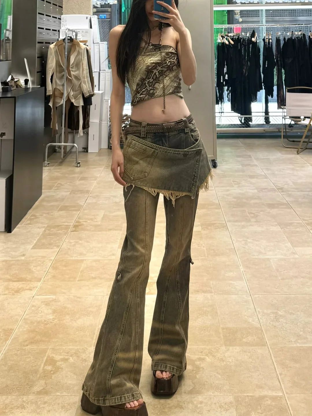 Women's Vintage Y2k Flare Jeans with Skirt Harajuku Baggy Denim Pants Japanese 2000s Style Denim Trouser Oversize Clothes 2025