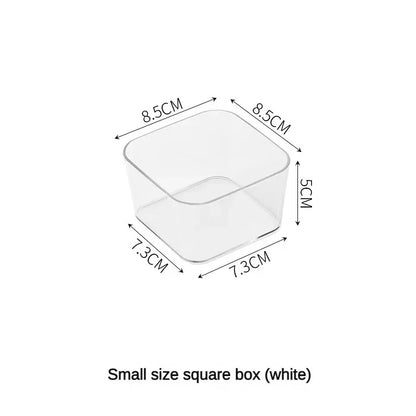 Transparent plastic storage box by Blushimmer, ideal for desk organization, jewelry, makeup, and drawer storage.