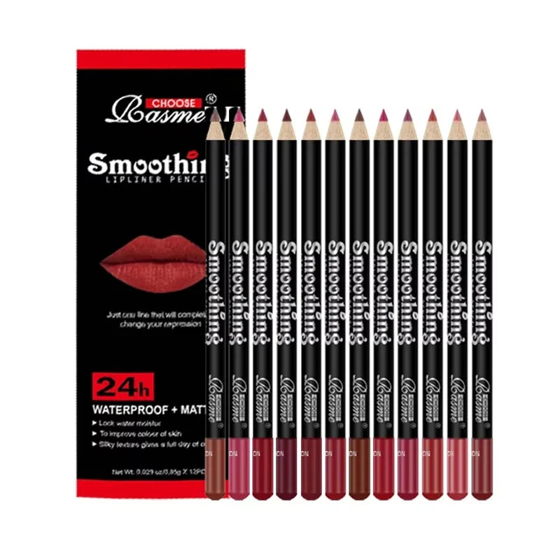 Set of 12 Blushimmer professional lip liner pencils in various nude and matte shades with non-stick cups, ideal for defining lips.