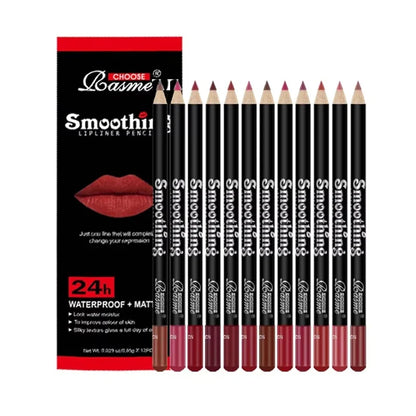 Set of 12 Blushimmer professional lip liner pencils in various nude and matte shades with non-stick cups, ideal for defining lips.
