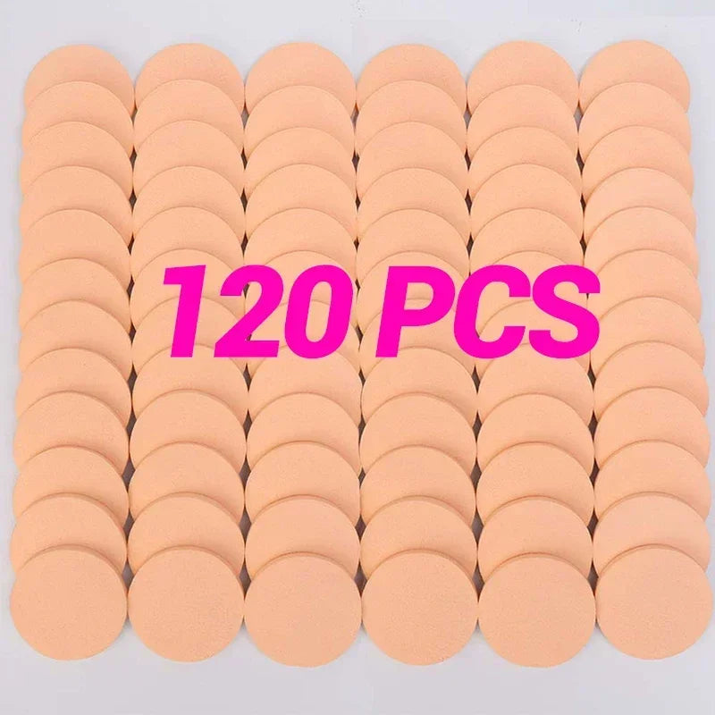 Set of 12-120 round sponge powder puffs by Blushimmer for wet and dry use, ideal for applying BB cream, foundation, and cosmetics.