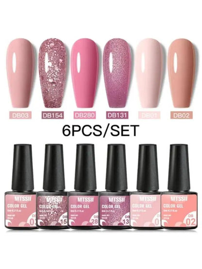 Set of six pink glitter gel nail polishes by Blushimmer, featuring semi-permanent base, matte top coat, and soak-off LED UV gel varnish