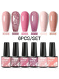 Set of six pink glitter gel nail polishes by Blushimmer, featuring semi-permanent base, matte top coat, and soak-off LED UV gel varnish