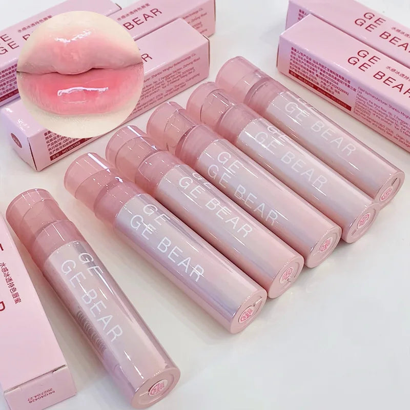 Blushimmer Gege Bear Water Gel Lip Gloss with hydrating formula, clear shine, long-lasting color, natural finish, and bear-shaped applicator