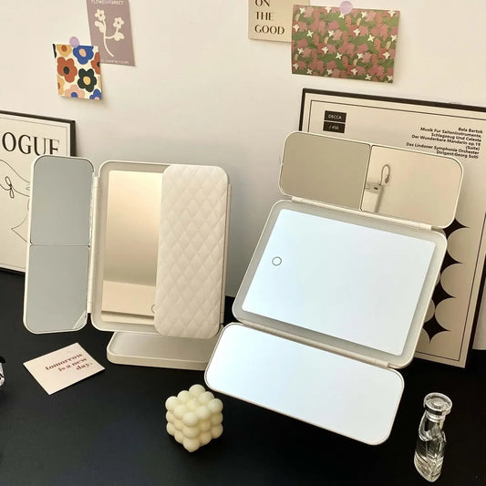 Blushimmer trifold makeup mirror with LED lights, smart lighting, and dressing mirror for beauty and makeup application.