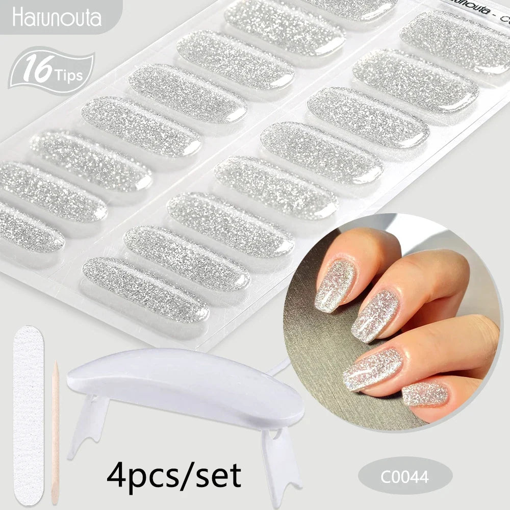 Blushimmer Harunouta 4-piece set of gradient nude pink gel nail strips with waterproof finish and matching nail lamp.