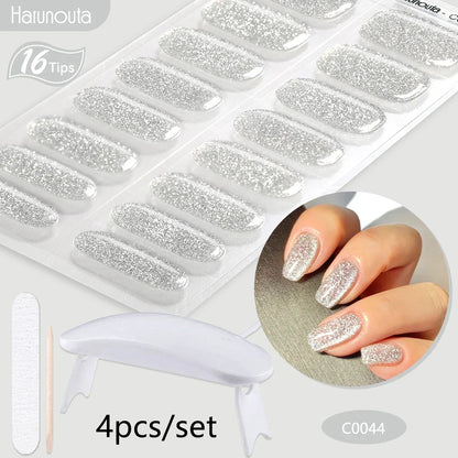 Blushimmer Harunouta 4-piece set of gradient nude pink gel nail strips with waterproof finish and matching nail lamp.