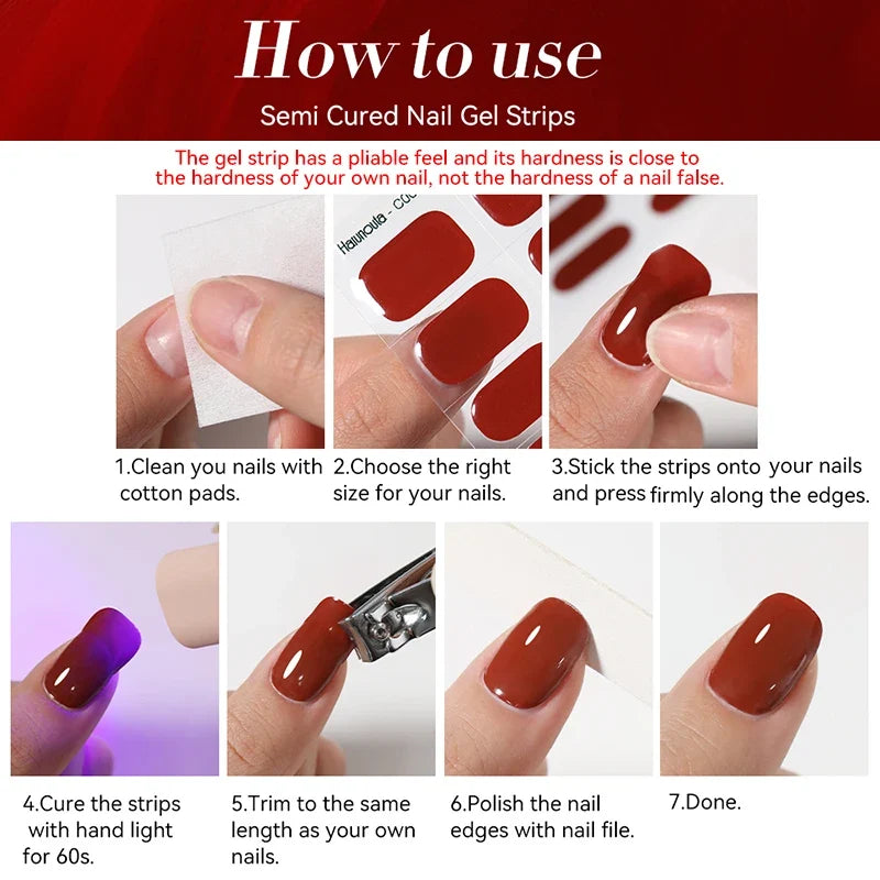 Blushimmer Harunouta 16-strip gradient red marble gel nail stickers with gold lines, suitable for UV/LED gel polish application