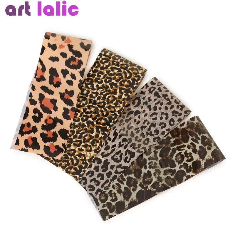 Blushimmer leopard print nail foils set featuring animal transfer paper decals for manicure decoration, shown in a close-up image.