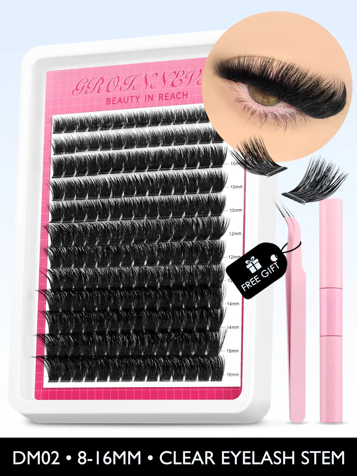 Blushimmer Lash Clusters Kit with fluffy C-curl individual eyelash extensions in 10-18mm, includes lash bond and seal for DIY application.