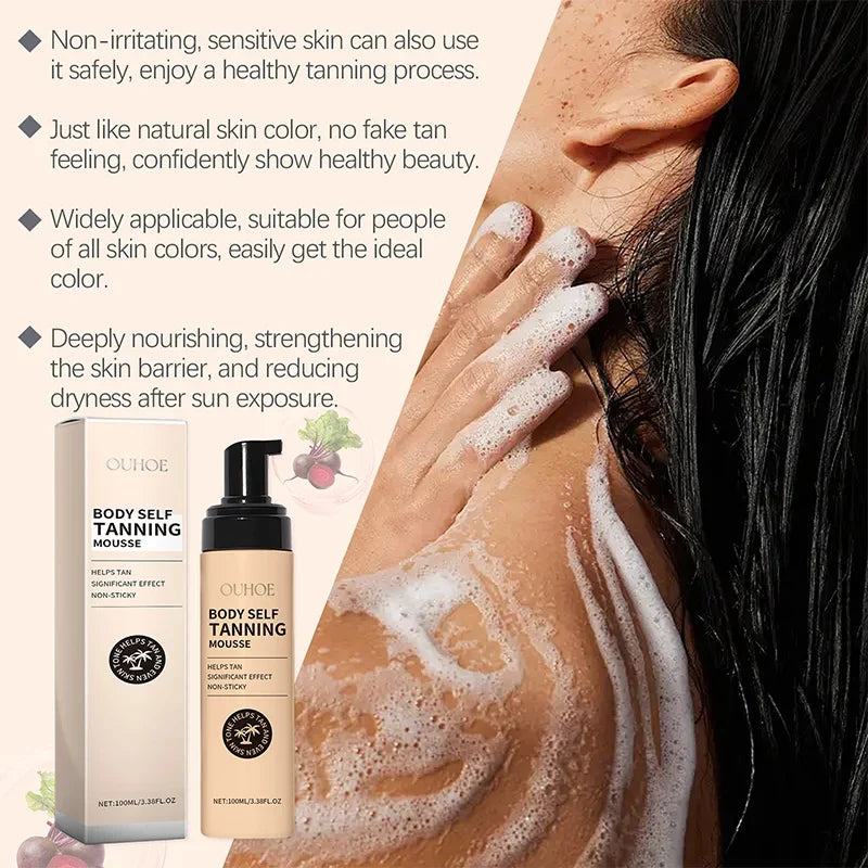 Blushimmer Summer Tanning Body Mousse in 100ml with wheat extract for natural bronze glow and moisturizing, sun-promoting skin.