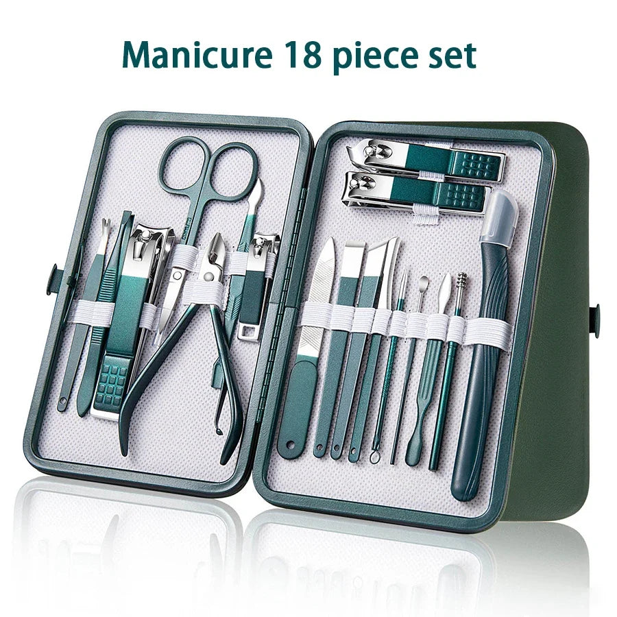 Green 6-18 Pcs Manicure Set With Leather Case Professional Foot And Face Care Tool Kits Stainless Steel Nail Clipper Sets Gift