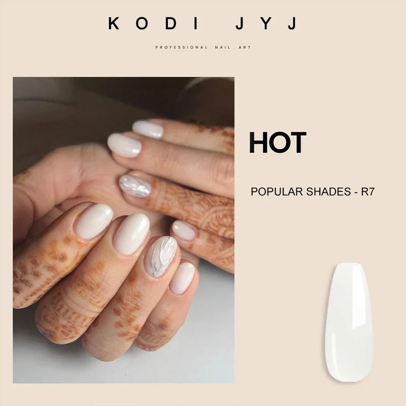 Milky white rubber base gel polish by Blushimmer, featuring nude pink color for gel nails, UV/LED compatible, semi-permanent enamel