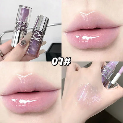 Clear glass shine lip gloss by Blushimmer featuring a watery, moisturizing, and long-lasting juicy lip oil and tint for a glossy finish.