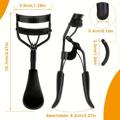 Blushimmer eyelash curler set with replacement pads, tweezers, clips, mascara wands, and brushes for women’s eyelash curling.