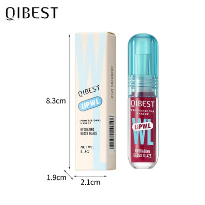 Blushimmer QIBEST hydrating crystal lip gloss with water-glazed finish, long-lasting moisturizing lip tint, shown with mirror reflection.