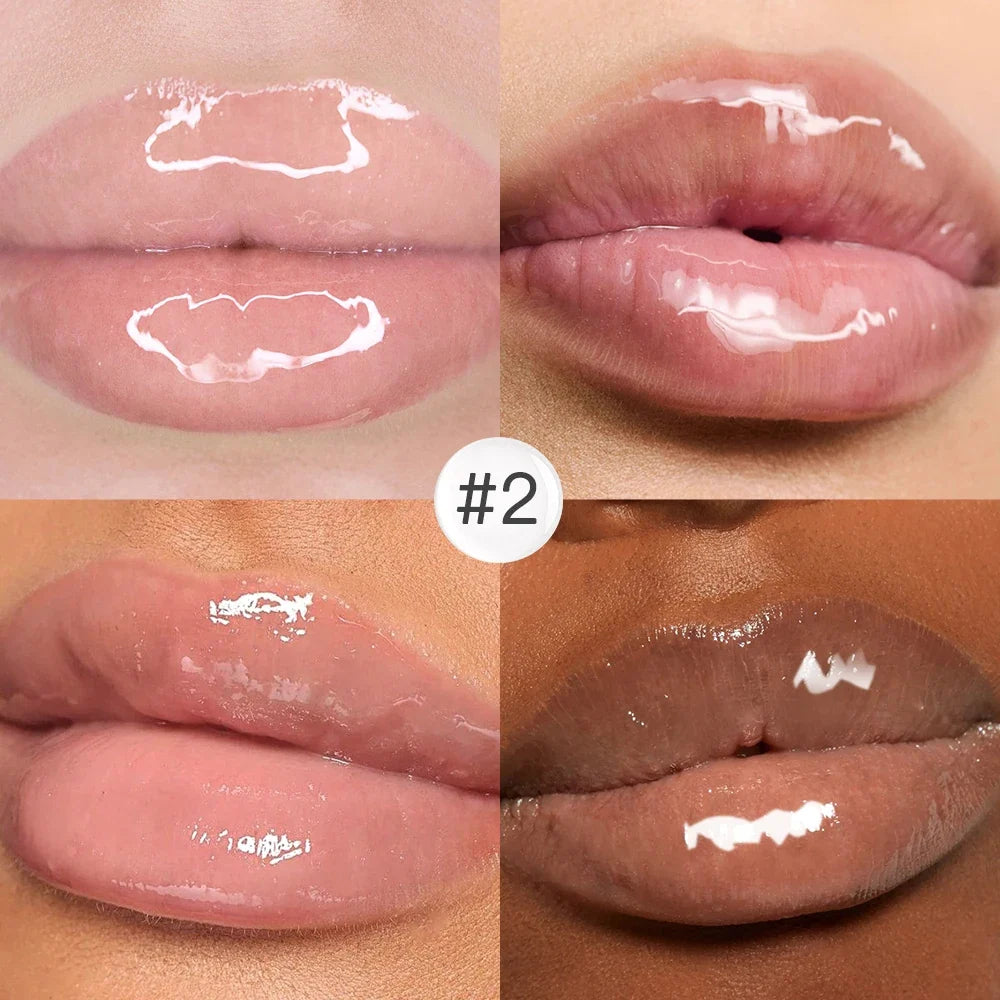 Blushimmer plumping lip oil in clear glossy finish, hydrating, non-sticky, long-lasting moisturizing lip gloss with a smooth applicator.