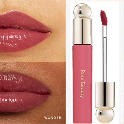 Blushimmer Rare Beauty Melting Cream Blush with matte pearlescent texture, glitter finish, and nourishing lip gloss in a sleek container