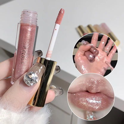 Blushimmer water-glossy mirror lip glaze with moisturizing, plump, sparkling finish on lips, highlighting a shiny, hydrated look