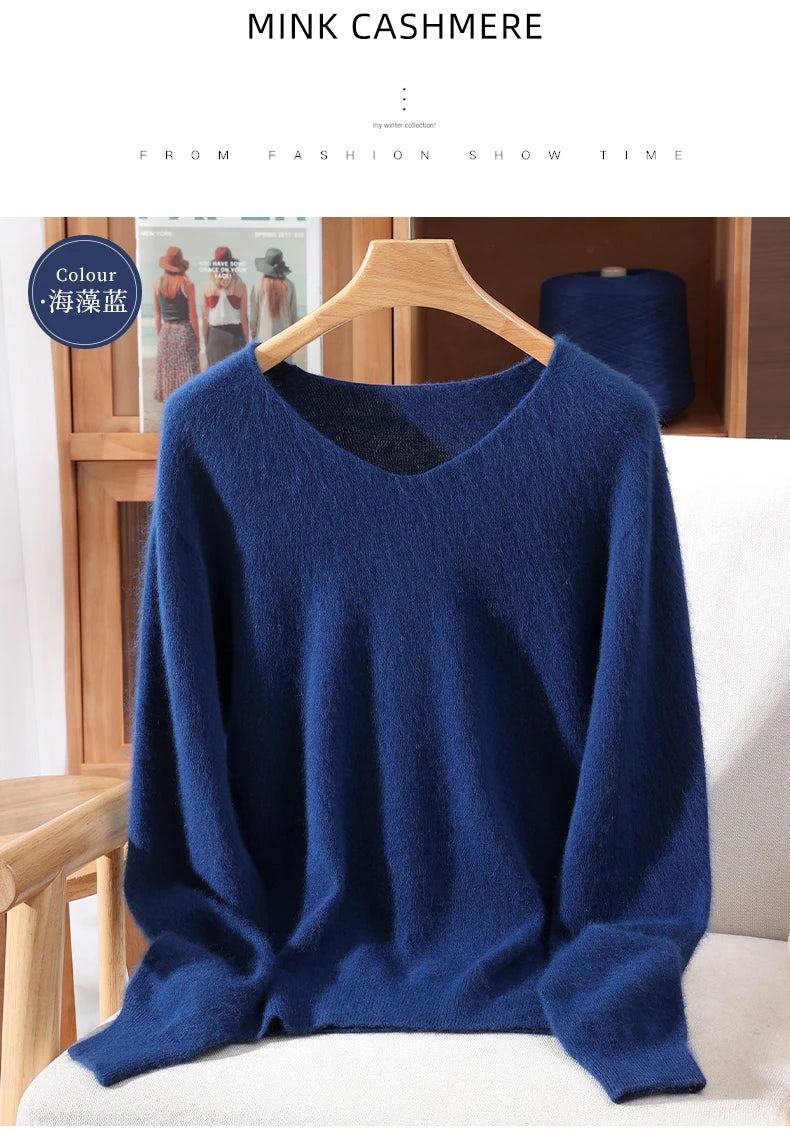 Autumn And Winter New High-End Female Mink Cashmere Sweater Solid Color Long-Sleeved Wool Knit Bottoming Sweater Loose Top