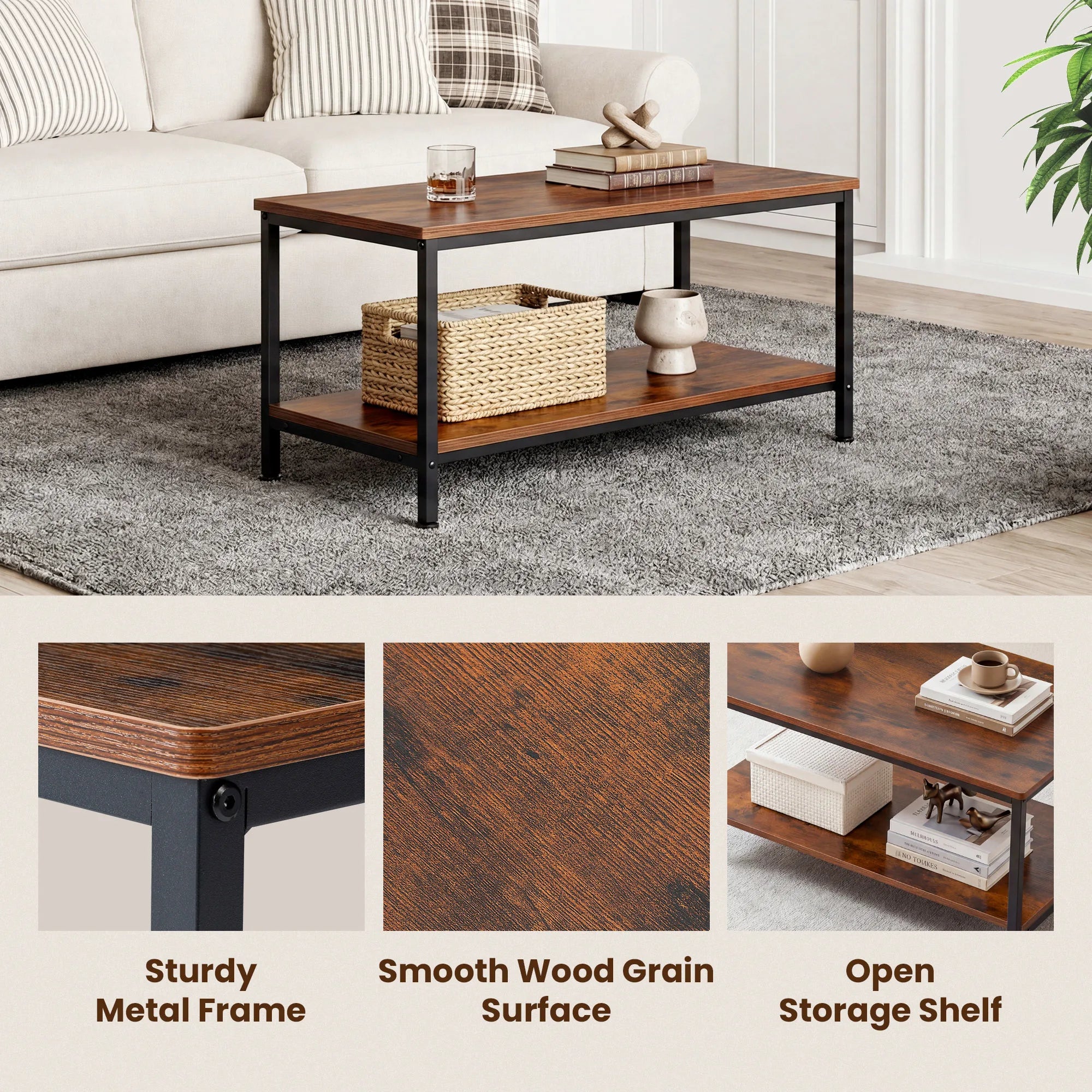JHK 31IN Wood Coffee Table For Living Room 2-Tier Center Counter with Storage 50 lbs Capacity Anti-Slip Feet Modern Design