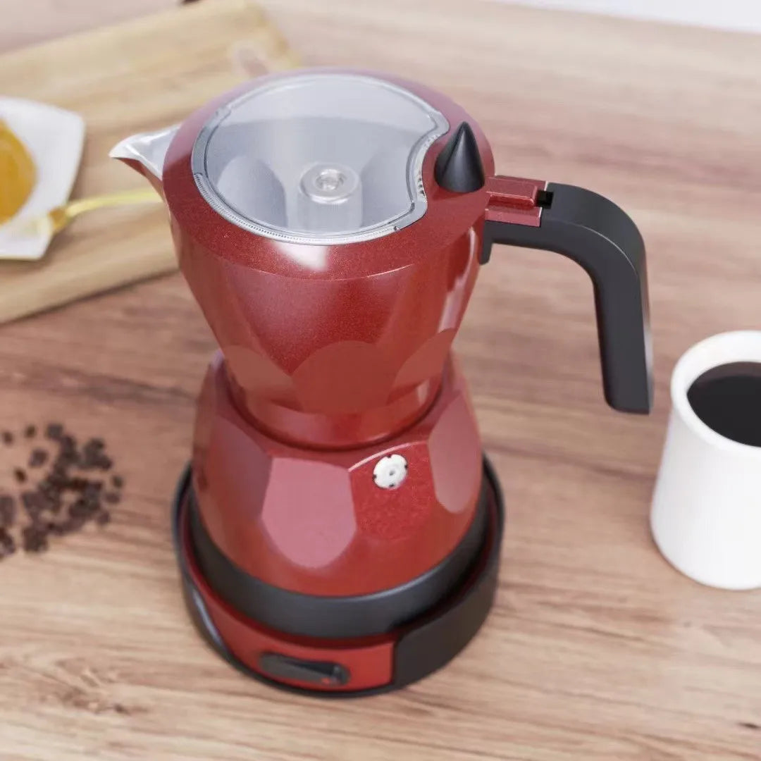 110V/220V Electric Coffee Maker Portable 150ml 3 Cups Aluminum Mocha Pot Electric Italian Coffee Maker Percolator for Home Red