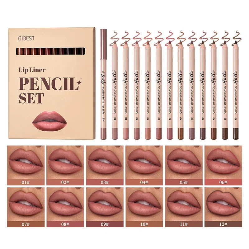 Blushimmer 12-piece matte lipliner set with smooth application, non-smudging, non-fading, ideal for natural makeup looks.