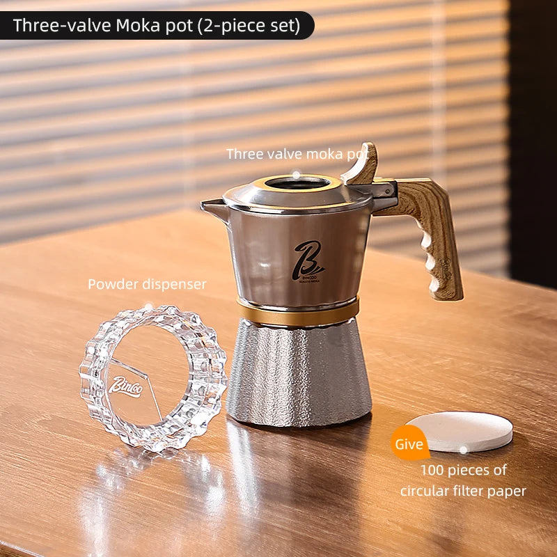 Bincoo Three Valves Moka Pot,316 Stainless Steel Stovetop Espresso Maker 2 Cups,Espresso Coffee Pot Barista Accessories