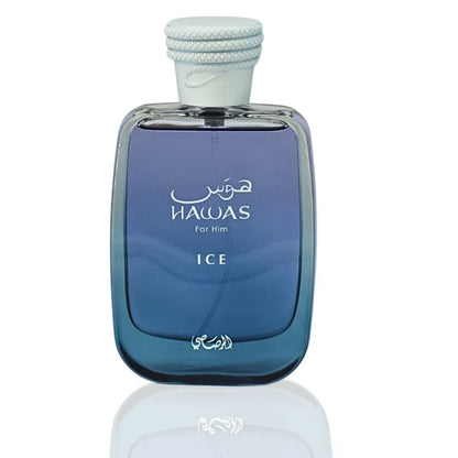 RASASI Hawas Ice for Men Eau de Parfum spray, 100 ML, featuring sleek bottle design and aromatic scent profile.