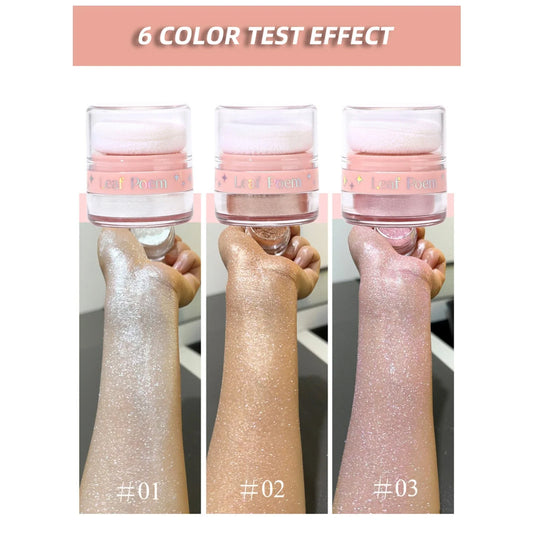 Blushimmer pearlescent glitter powder for hair, face, and body, perfect for highlighting and blush at music festivals.