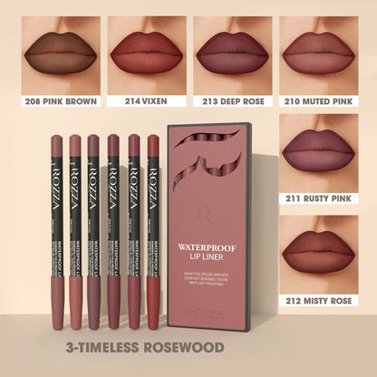 Blushimmer Rozza Velvet Matte Lip Liner set with 6 waterproof, long-lasting shades in brown, pink, and purple on a neutral background.