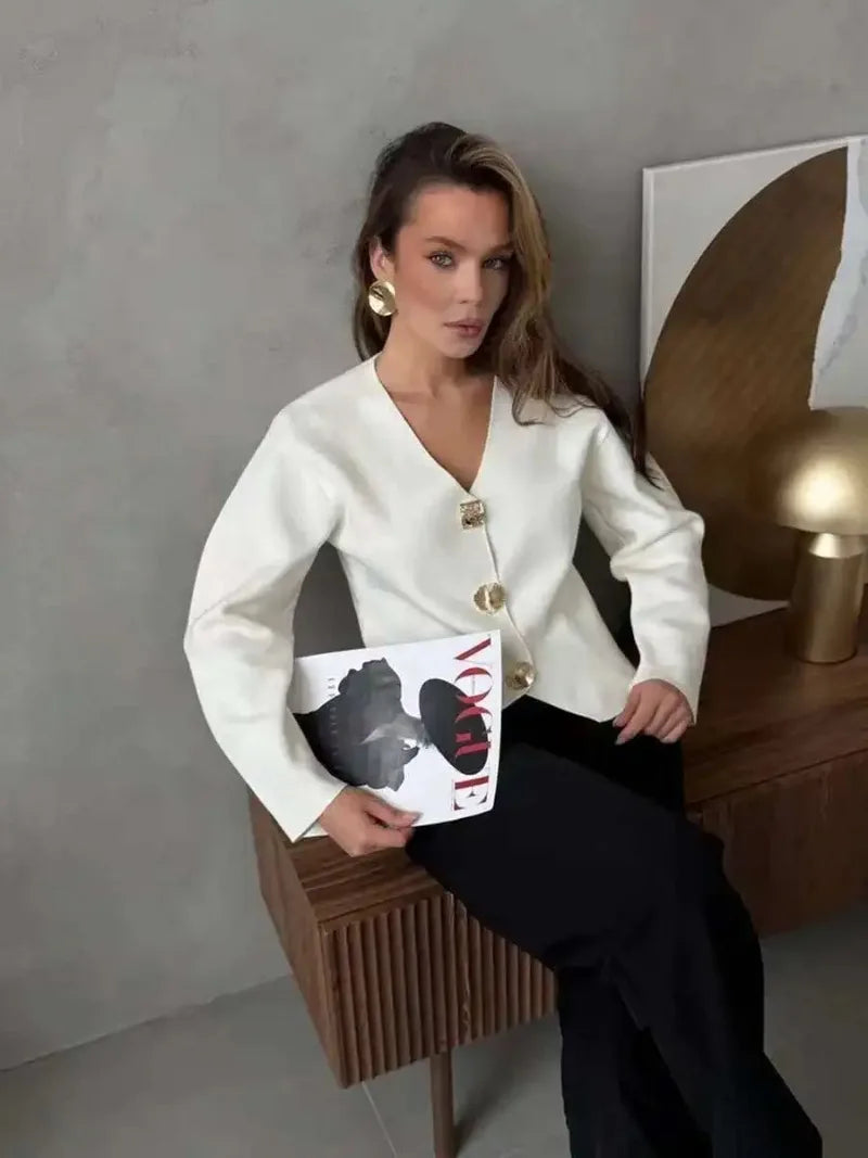 Fashion Simple Commuting Button V-neck Short Knitted Cardigan 2025 New Autumn and Winter Women's Solid Long-sleeved Sweater