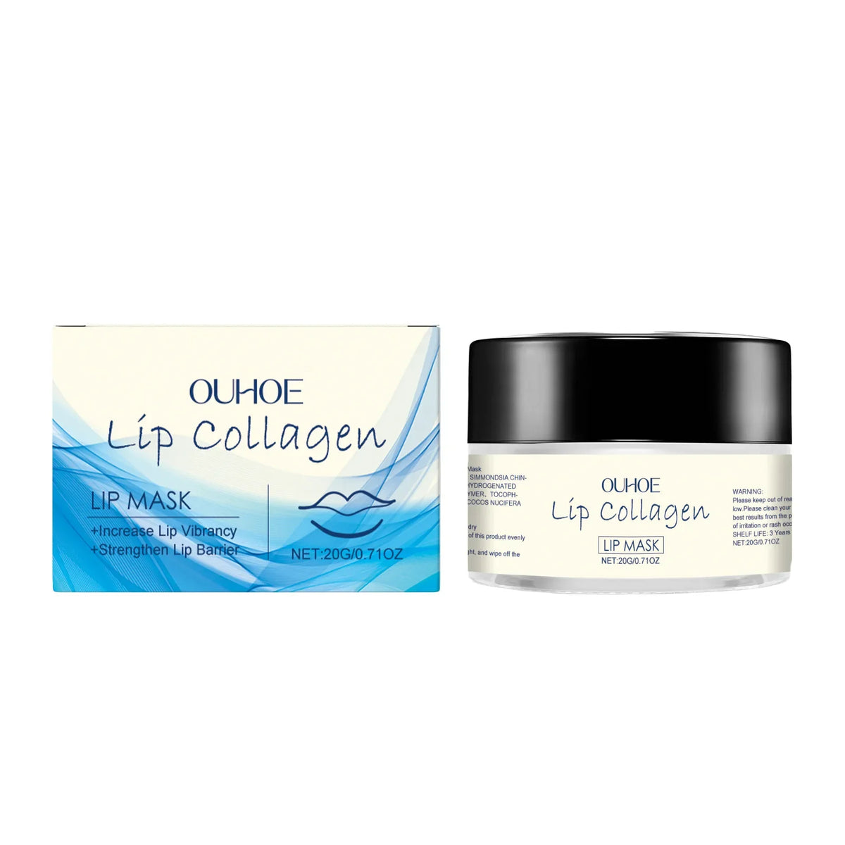 Blushimmer collagen lip mask on lips, moisturizing and soothing to improve dryness, chapping, and fine lines for smoother lips.