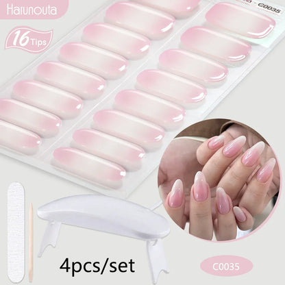 Blushimmer Harunouta 4-piece set of nude pink gradient gel nail strips with waterproof finish and matching nail lamp, long-lasting manicure.