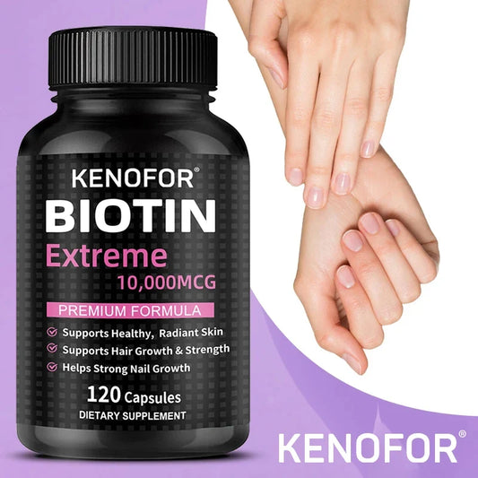 Silcy Skin biotin capsules bottle with capsules inside, dietary supplement for hair growth, nail strength, and skin health.