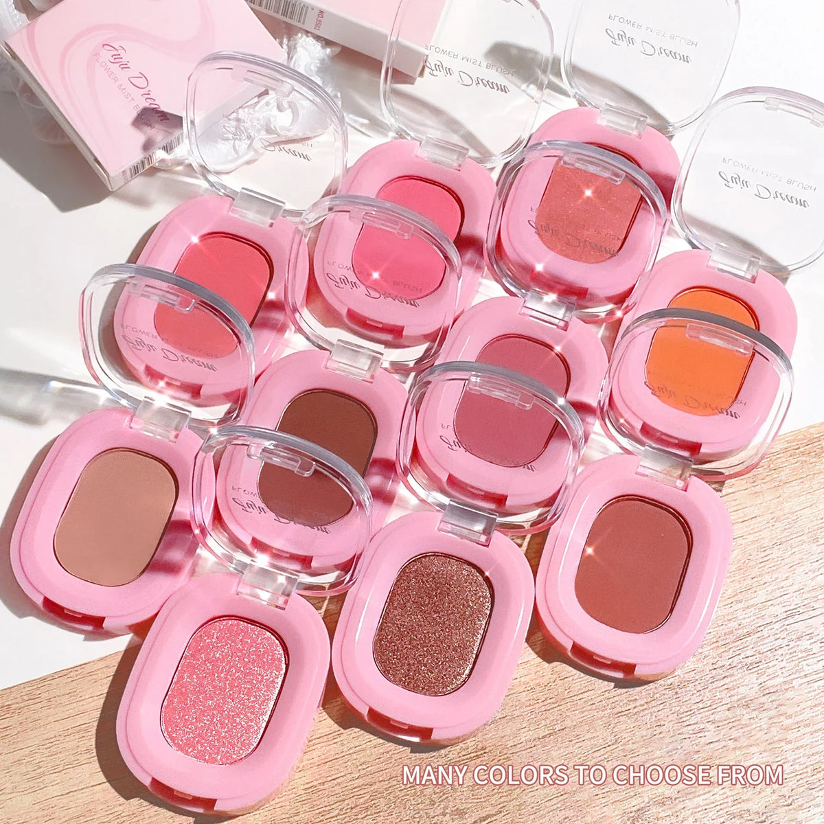 Blushimmer monochrome flower mist blush powder in soft pink with fine matte finish, natural nude tone, and subtle floral design.