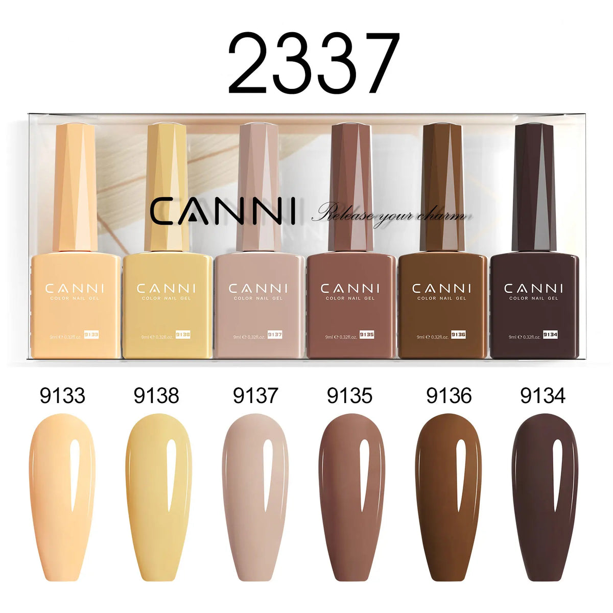 Blushimmer CANNI HEMA FREE nail gel polish set with six 9ml semi-permanent, pigmented UV LED gel nails in vibrant colors.