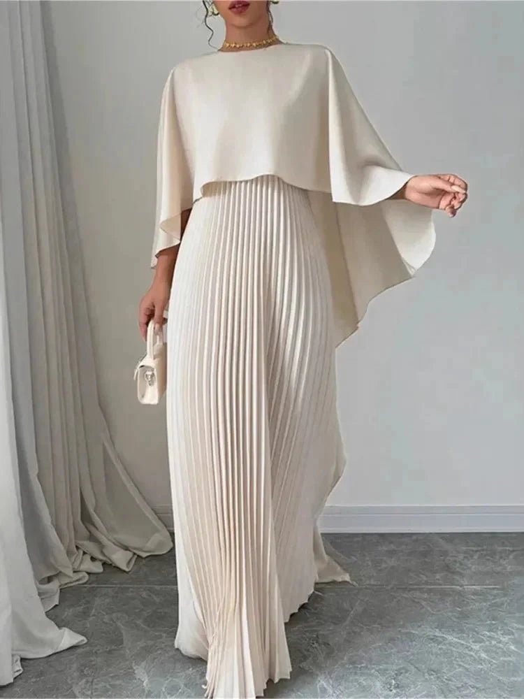 Luxlife Brands Harmony Draped Event Outfit, elegant evening dress with flowing fabric and sophisticated design, showcased on a model.