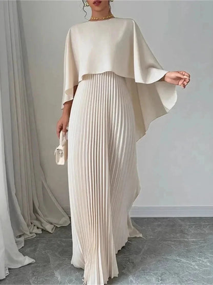 Luxlife Brands Harmony Draped Event Outfit, elegant evening dress with flowing fabric and sophisticated design, showcased on a model.