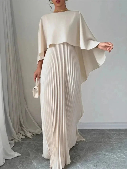 Luxlife Brands Harmony Draped Event Outfit, elegant evening dress with flowing fabric and sophisticated design, showcased on a model.