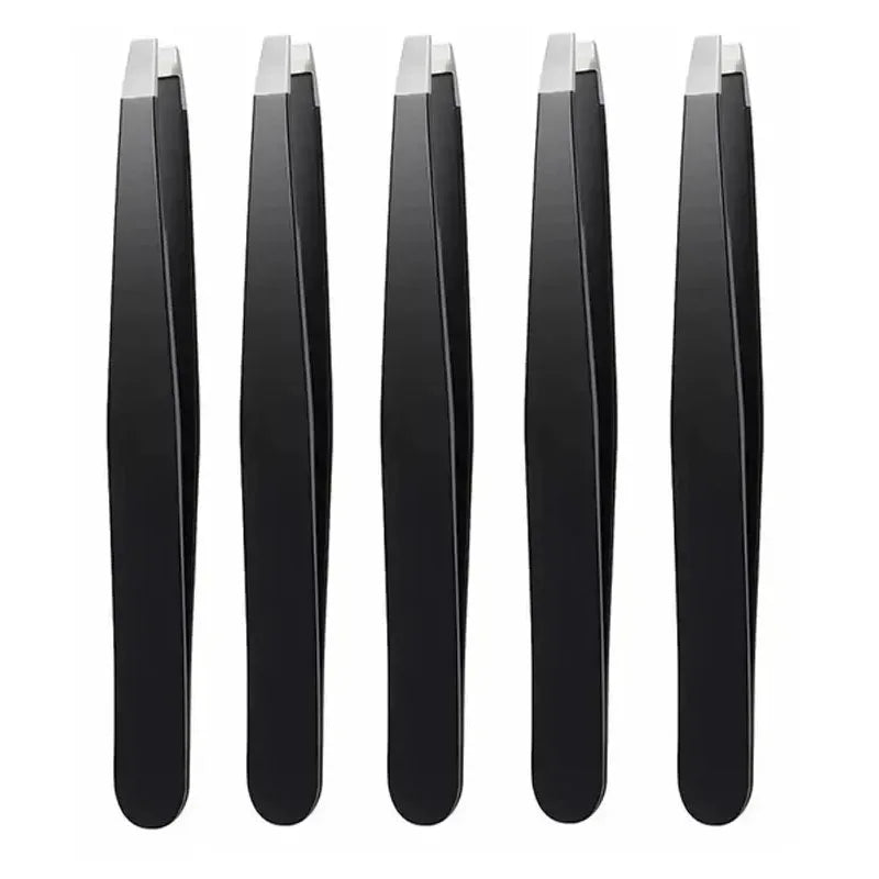 Black stainless steel eyebrow tweezer by Blushimmer with slant and flat tips for precise eyebrow shaping and ingrown hair removal.
