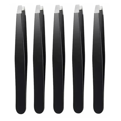 Black stainless steel eyebrow tweezer by Blushimmer with slant and flat tips for precise eyebrow shaping and ingrown hair removal.