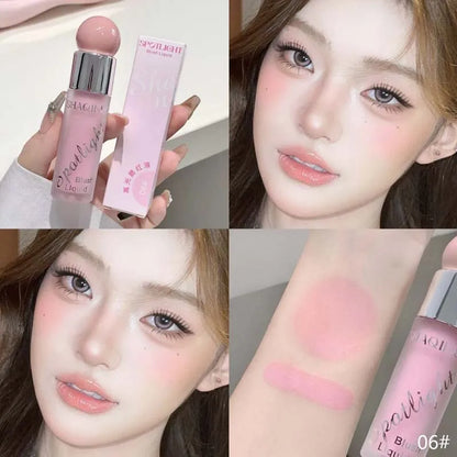 Blushimmer liquid blush in nude pink with a water-light jelly texture, brightening face with cool and warm tone options.