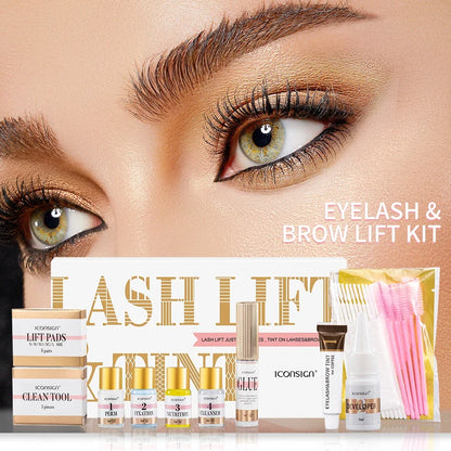 Blushimmer ICONSIGN Lash Lift and Tint Kit with eyelash perm and brow dye products, displayed with applicators and tools.