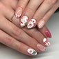 Set of 24 Blushimmer wine red almond press-on nails with cartoon rabbit, bowknot, plaid, pearl designs, French style for girls